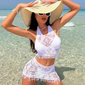 White Crochet Halter Bikini Set